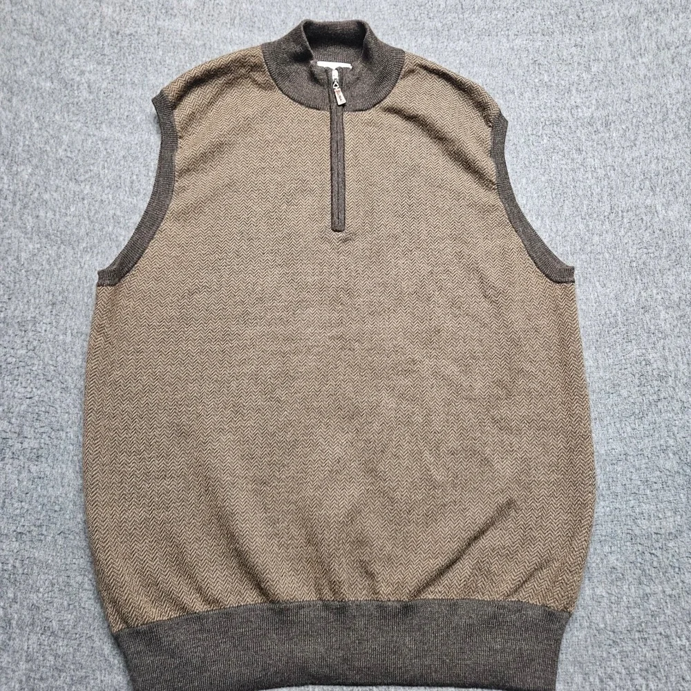 Peter Millar Sweater Vest Mens L Brown Herringbone Merino Wool Quarter Zip